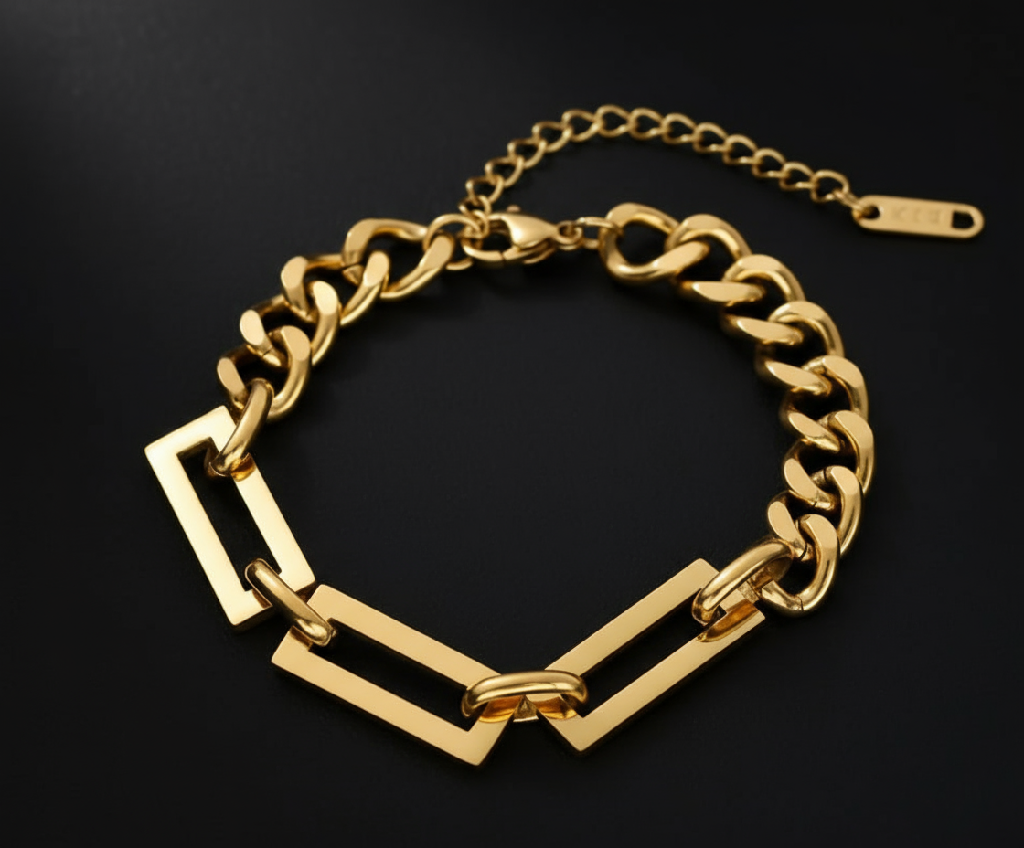 Bold Geometric Link Bracelet - Stainless Steel, 18K Gold Plated Titanium Steel