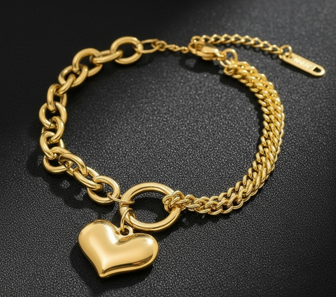 Dual Chain Heart Charm Bracelet - Stainless Steel, 18K Gold Plated Titanium Steel