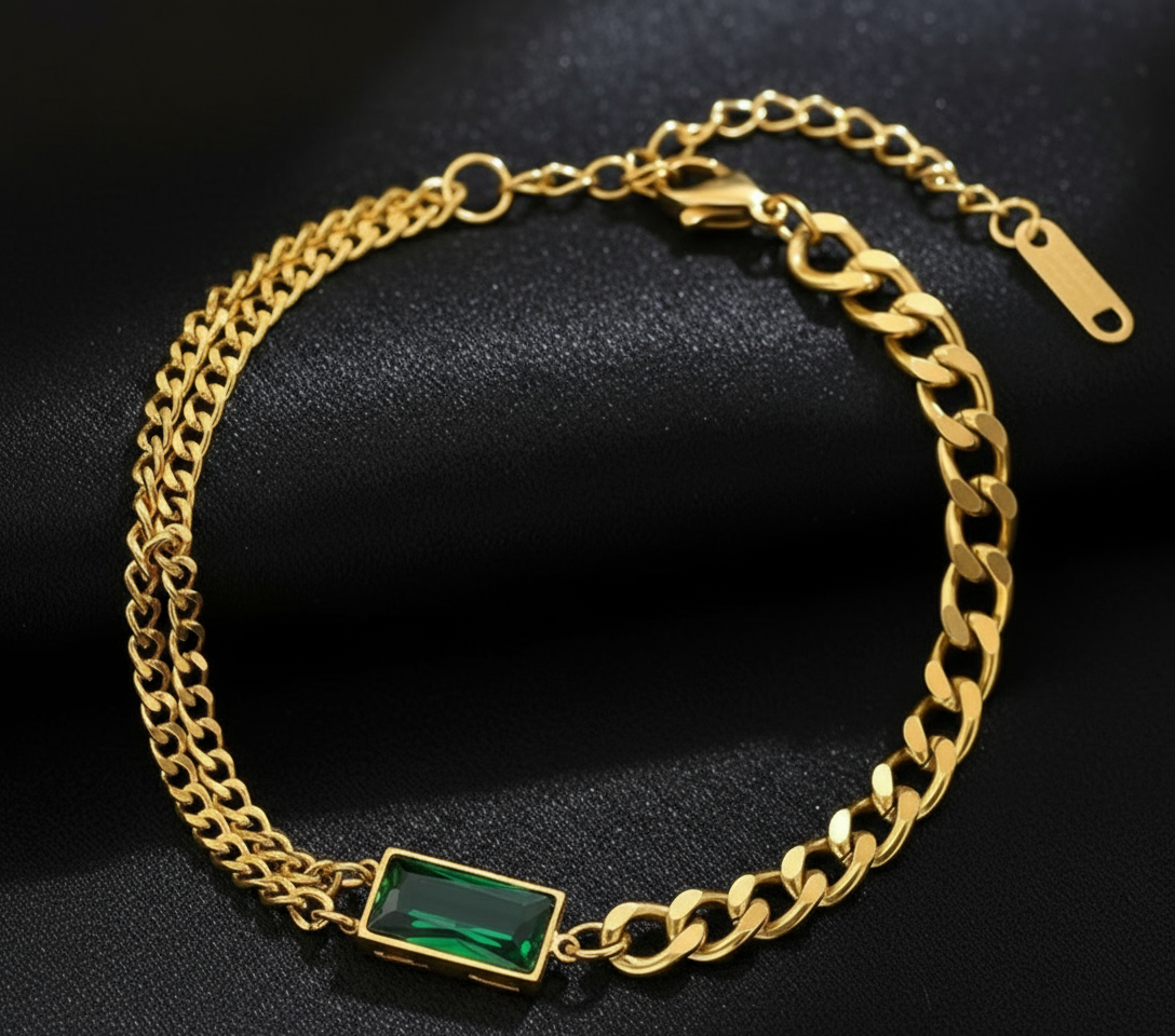 Dual Chain Emerald-Cut Crystal Bracelet - Stainless Steel, 18K Gold Plated Titanium Steel