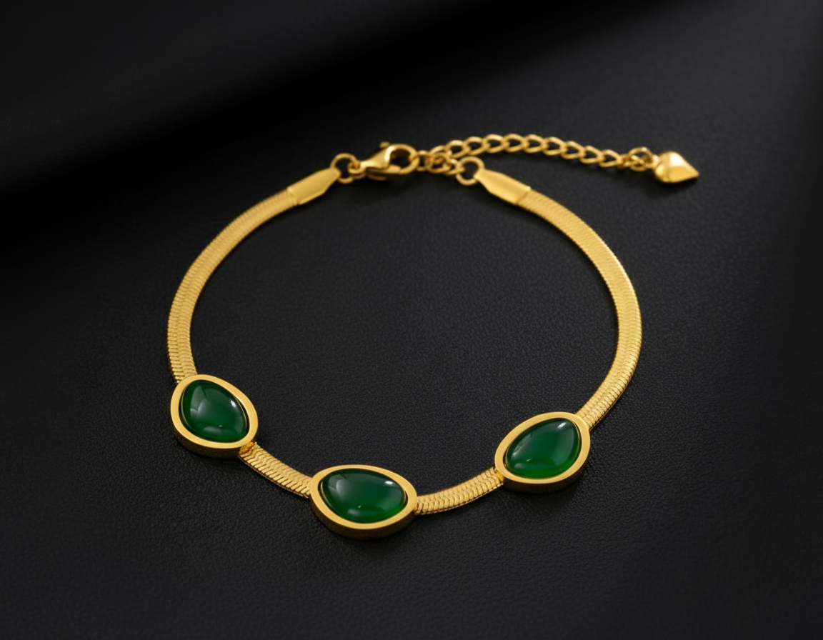 Emerald Oval Gemstone Bracelet - Stainless Steel, 18K Gold Plated Titanium Steel