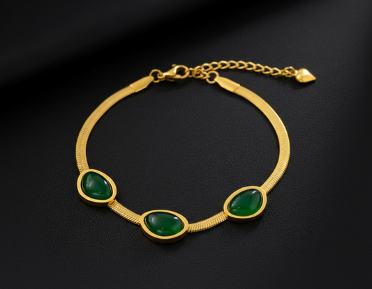 Emerald Oval Gemstone Bracelet - Stainless Steel, 18K Gold Plated Titanium Steel
