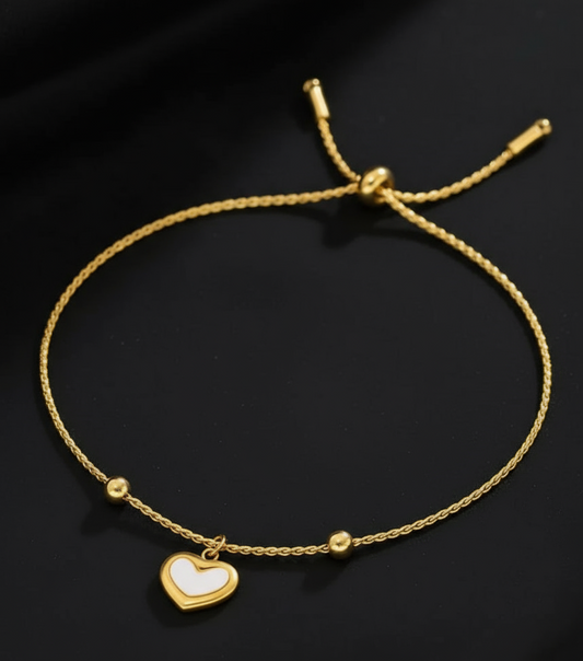 Mother-of-Pearl Heart Bolo Bracelet - Stainless Steel, 18K Gold Plated Titanium Steel