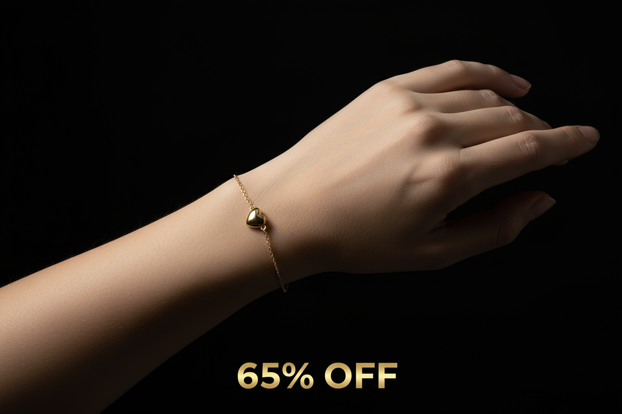 Keep the pandent same but showcase it in model hand with premium 4K cinematic black background and the 65% off should be at the bottom in the middle 